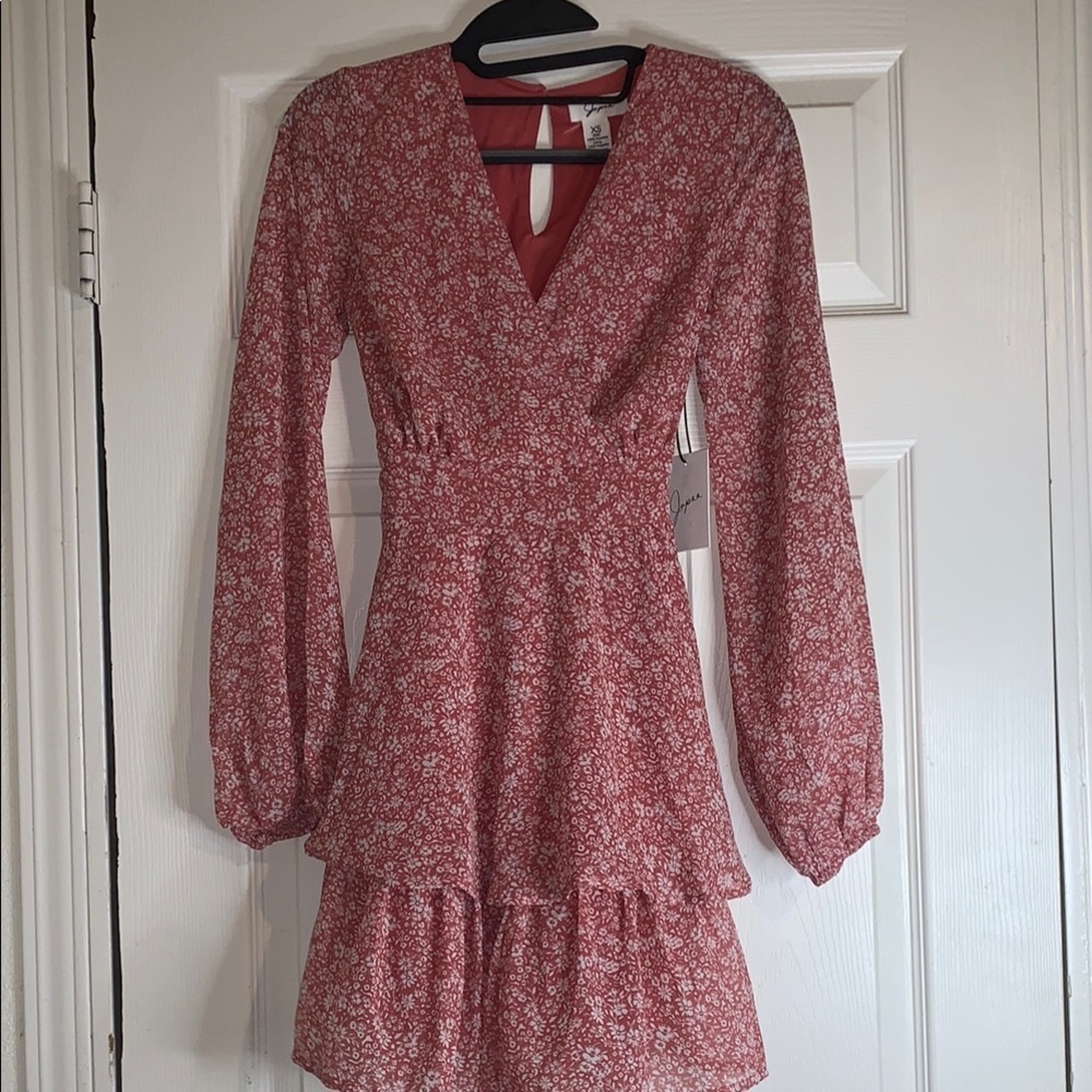 Floral V-Neck Red Dress